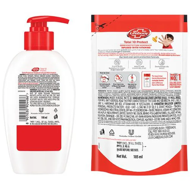 Lifebuoy Total 10+ Handwash - 99.9% Germ Protection, Active Silver 10+ Formula, 190 ml (With Free Refill Pouch 185 ml) - Image 3