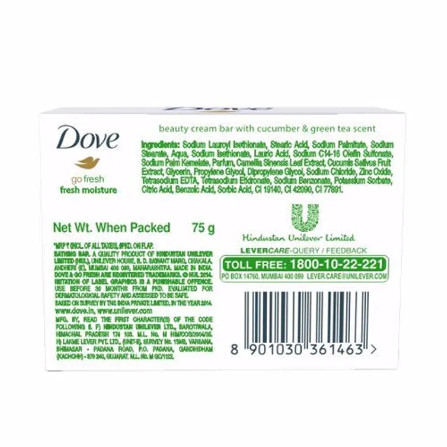 Dove Go Fresh Moisture Cucumber & Green Tea Beauty Bathing Bar, Has 1/4th Moisturizing Cream, 75 g - Image 3