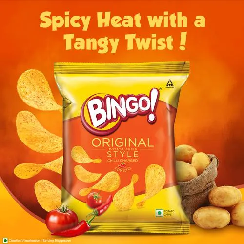 Bingo! Original Style Chilli Charged Tomato - Flat Cut Spicy & Tangy Potato Chips Pack for Snacks 58 g Pouch - Image 2