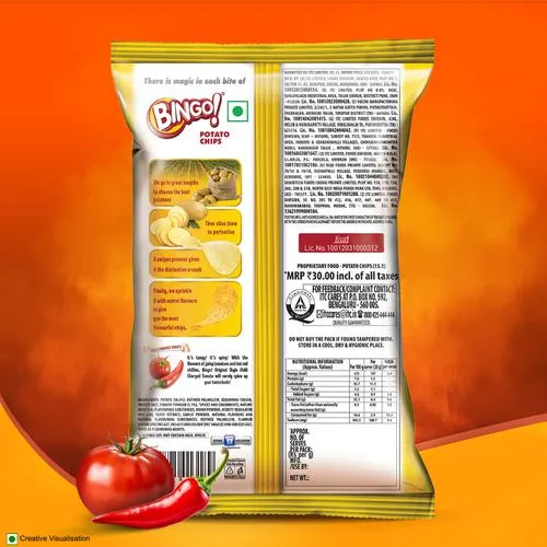 Bingo! Original Style Chilli Charged Tomato - Flat Cut Spicy & Tangy Potato Chips Pack for Snacks 58 g Pouch - Image 9