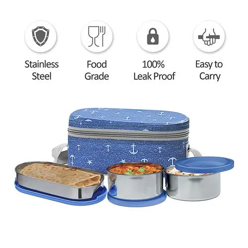 Milton Corporate Lunch Box - Stainless Steel Oval & Round Containers Leakproof Blue 3 pcs - Image 3