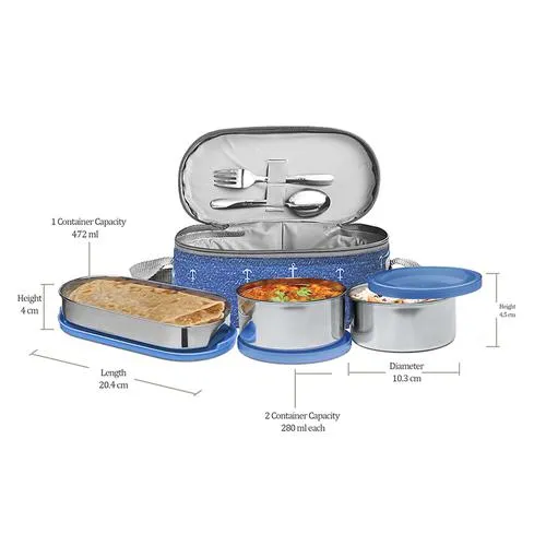 Milton Corporate Lunch Box - Stainless Steel Oval & Round Containers Leakproof Blue 3 pcs - Image 4
