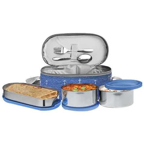 Milton Corporate Lunch Box - Stainless Steel Oval & Round Containers Leakproof Blue 3 pcs