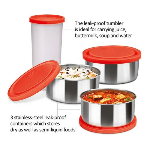 Milton New Steel Combi Lunch Box - Stainless Steel Containers Plastic Tumbler With Jacket Red 4 pcs - Image 5