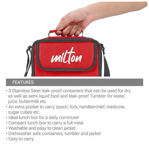 Milton New Steel Combi Lunch Box - Stainless Steel Containers Plastic Tumbler With Jacket Red 4 pcs - Image 6