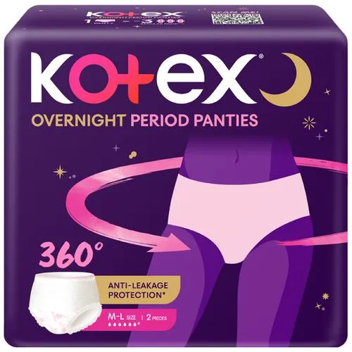 Kotex Overnight Period Panties - 360 Degree Anti-Leakage Protection M/L 2 pcs