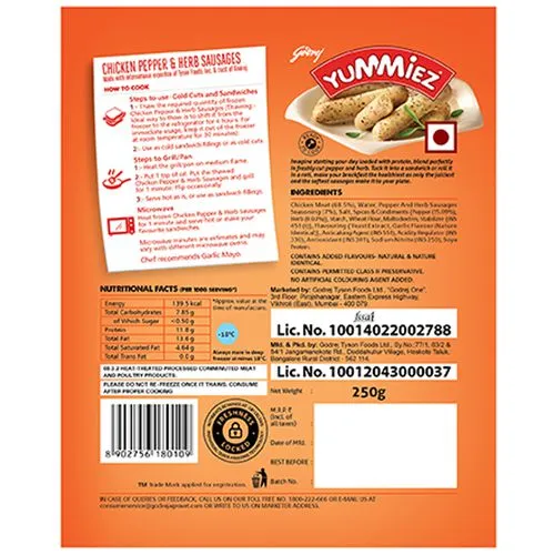 Godrej Yummiez Chicken Pepper & Herb Sausages 250 g Pouch - Image 2