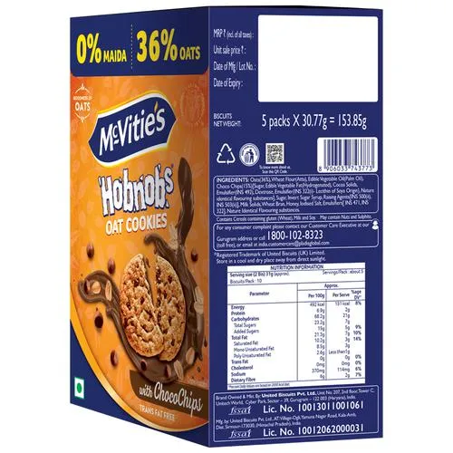 McVitie's Hobnobs Oat Cookies With Chocochips 30.77 g (5 Packs x 30.77 g) - Image 2