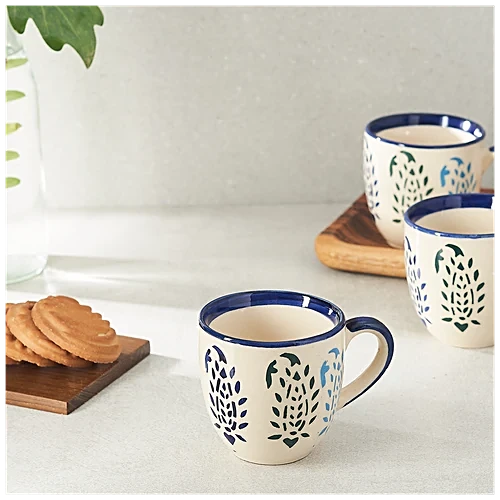 Mini Teacup Set Hand Painted Ceramic - Blue Leaf 180 ml (Set of 6) - Image 3