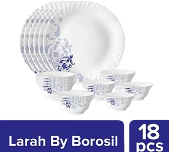 Larah by Borosil Dinner Set – Opalware Bue Eve Silk White 18 Pcs