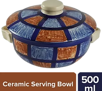 AliX Serving/Mixing Bowl With Lid Hand- Painted Ceramic Checkered Blue Brown  500 ml
