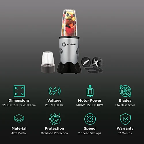 Nutrismart Nutriblend 500 Watt 2 Jars Mixer Grinder (22000 RPM Overload Protection Silver) - Image 2
