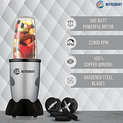 Nutrismart Nutriblend 500 Watt 2 Jars Mixer Grinder (22000 RPM Overload Protection Silver) - Image 5