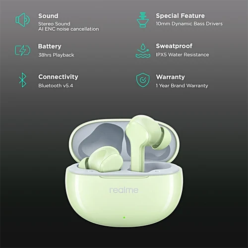 Realme Buds T110 TWS Earbuds - AI Noise Cancellation 38H Playback Country Green - Image 2