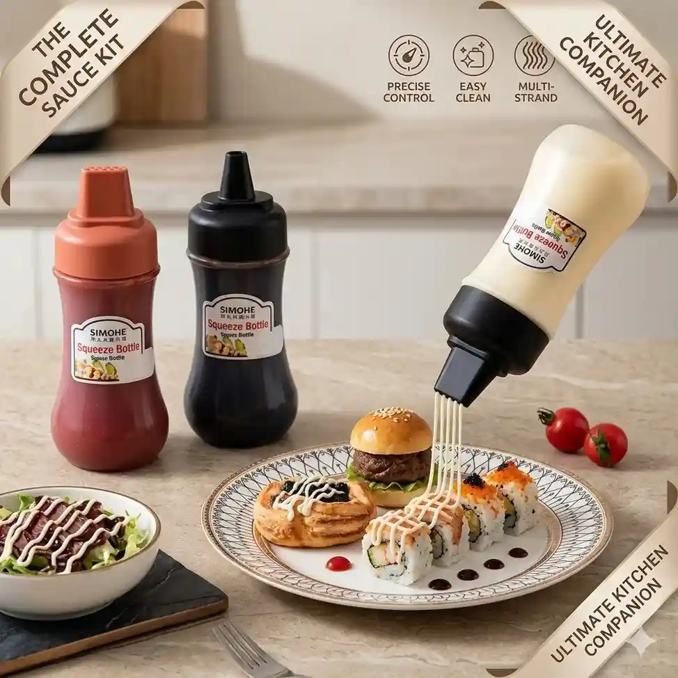 Set of two 5 hole squeeze sauce bottles for even condiment dispensing