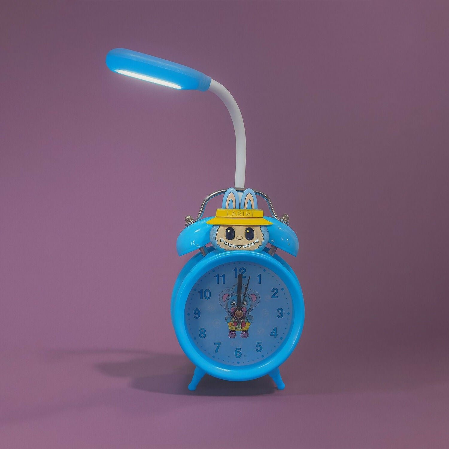 Kids Cartoon Blue Alarm Clock with LED Reading Lamp | Cute Rabbit Design, Dual Bell Analog Table Clock with Night Light, Adjustable LED Arm Lamp for Kids Bedroom, Study Table & Birthday Gift - Image 5