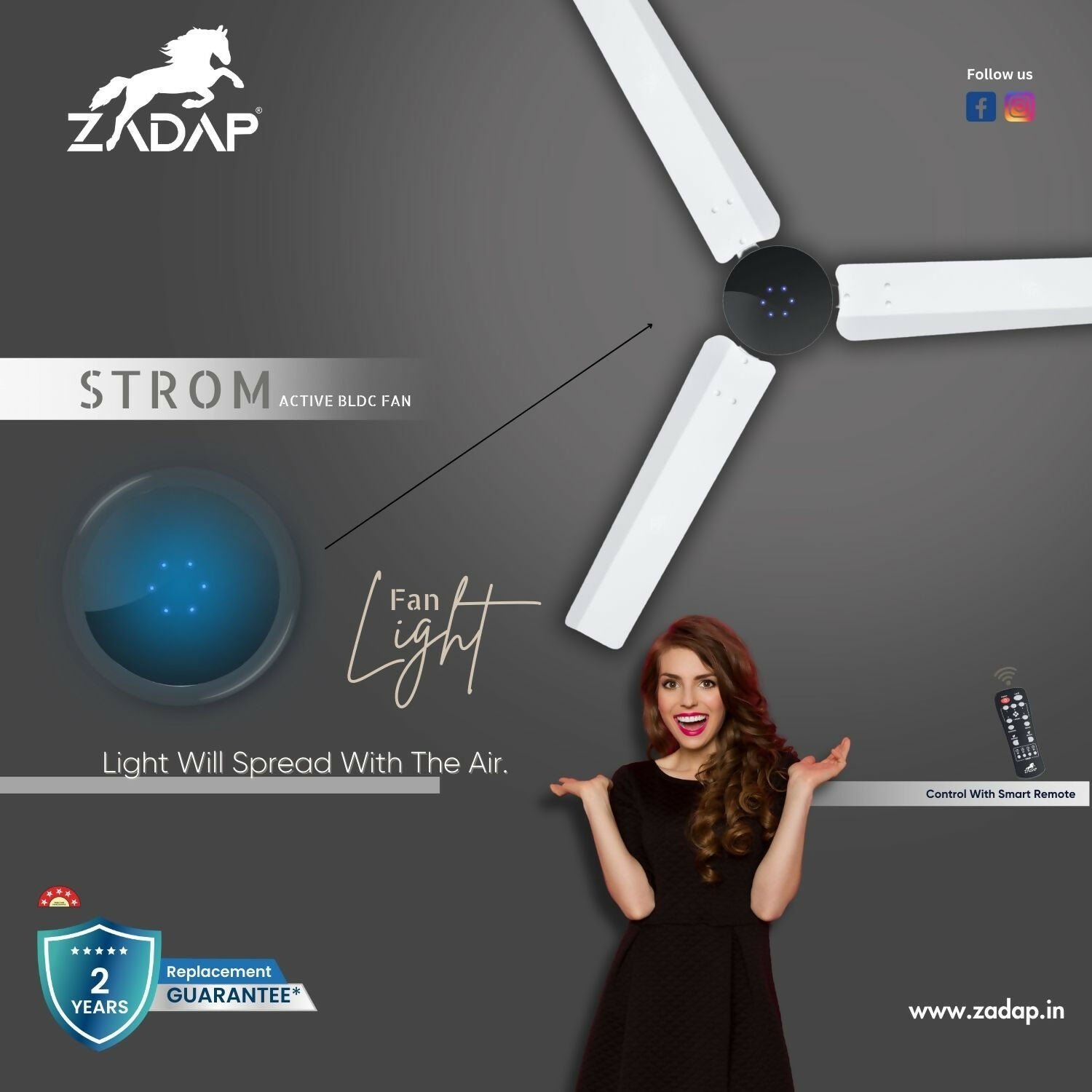 Zadap STROM 1200mm High Speed BLDC Ceiling Fan with Remote(White) - Image 6