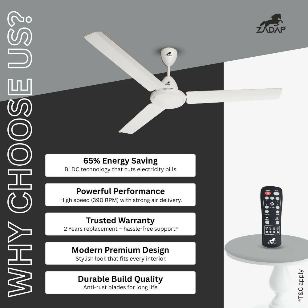 ZADAP CASA-Pro 1200mm BLDC Ceiling Fan with Remote | 28W Energy Saving | High Speed 390 RPM (White) - Image 6