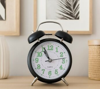 Black Twin Bell Alarm Clock – Loud Analog Desk Clock with Green Numbers