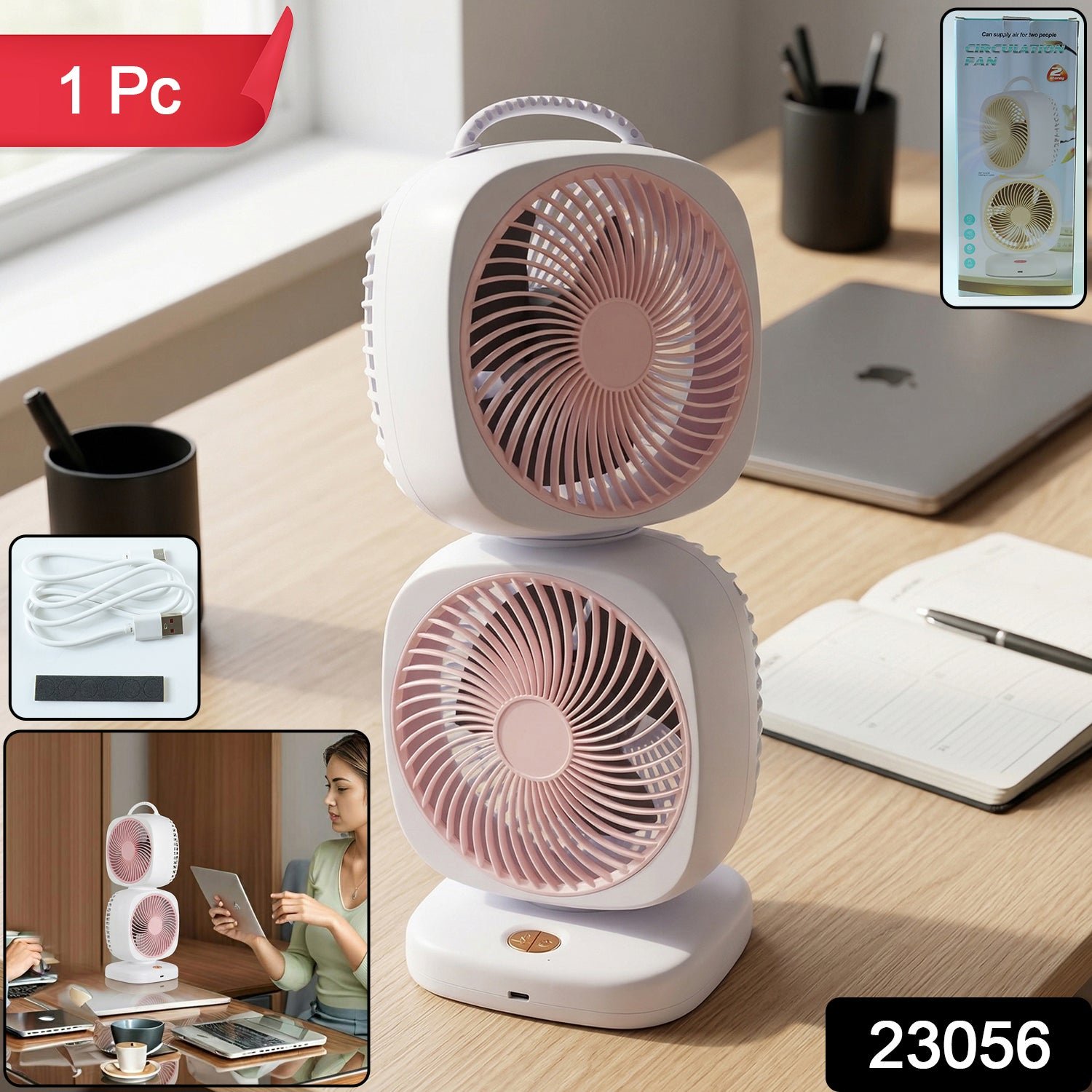 Portable Dual Head USB Rechargeable Table Fan (1 Pc) - Image 2