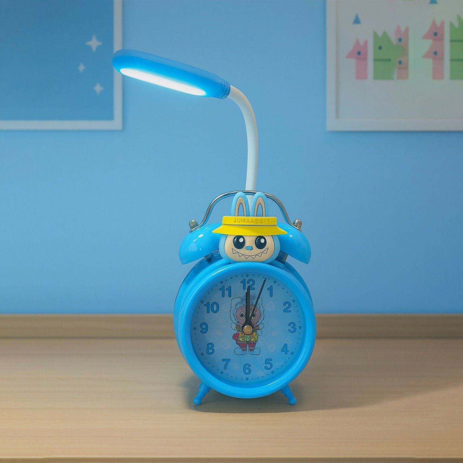 Kids Cartoon Blue Alarm Clock with LED Reading Lamp | Cute Rabbit Design, Dual Bell Analog Table Clock with Night Light, Adjustable LED Arm Lamp for Kids Bedroom, Study Table & Birthday Gift - Image 2
