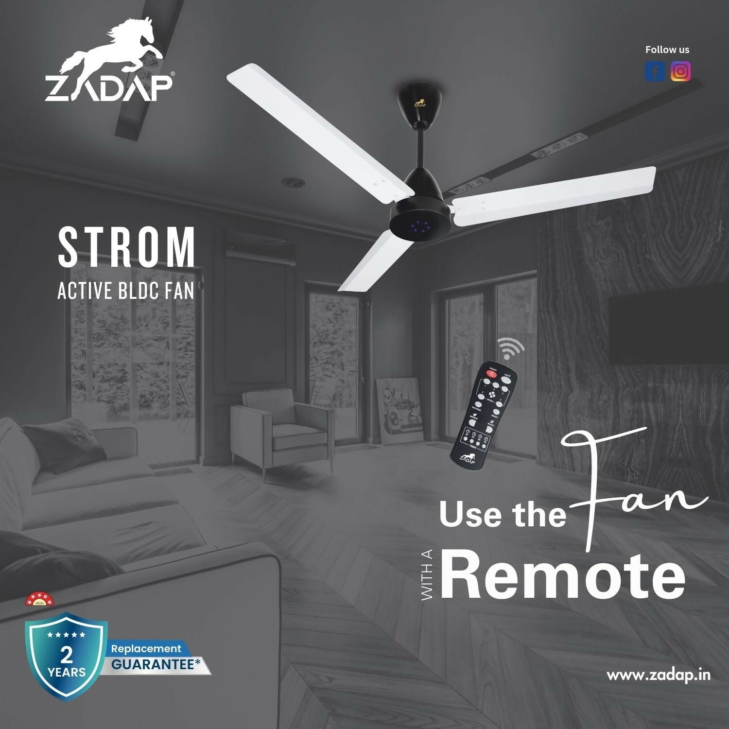 Zadap STROM 1200mm High Speed BLDC Ceiling Fan with Remote(White) - Image 3